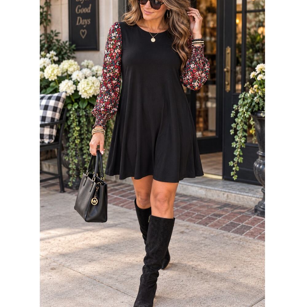 MSK Black Floral Sheer Sleeve with Stretchy Swing Dress Size Large NWT